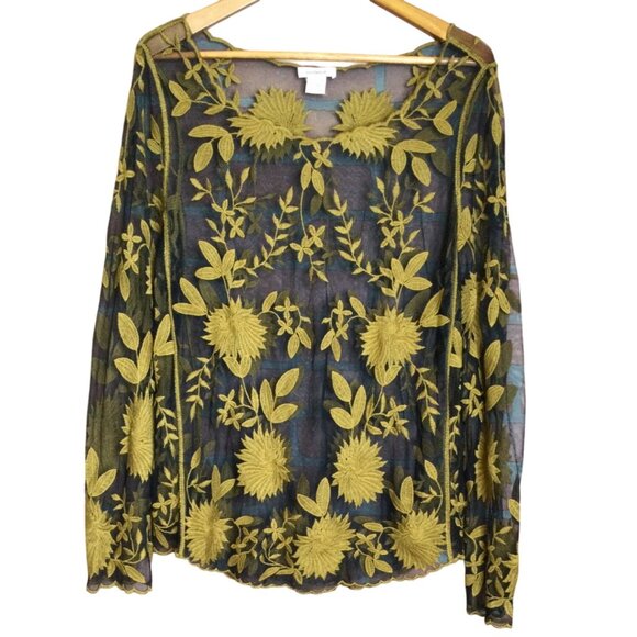 Sundance Sheer Black Gold Embroidered Floral Blouse Top Size L Whimsigoth - Picture 1 of 8